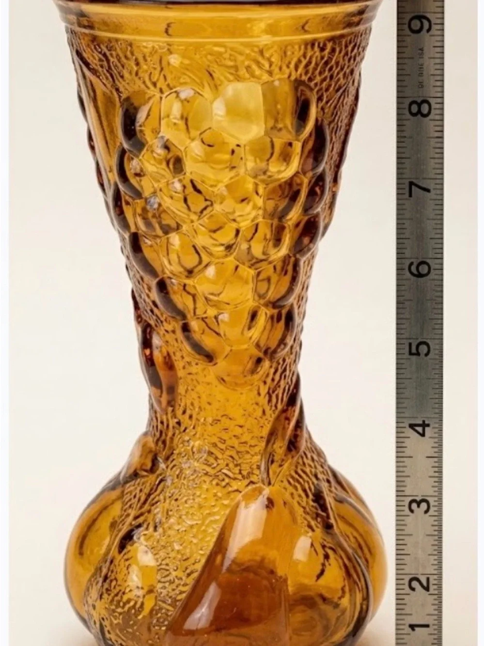 Vintage Empoli Italian Amber Harvest Glass Vase Embossed Fruit Made In Italy 10”